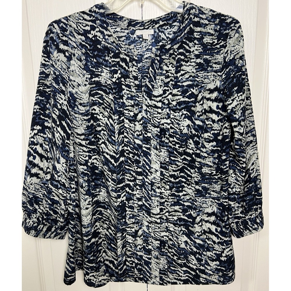 Talbots Blouse Women Small Blue Abstract Print Pleated V-Neck 3/4 Sleeve A28
